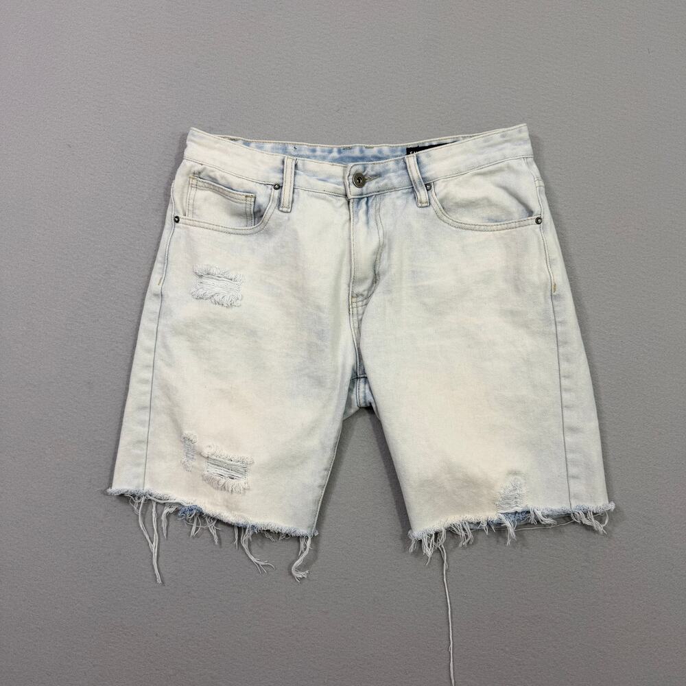 Smoke Rise Jean Shorts Men's 34 Blue 9" Inseam Distressed Frayed Hem Streetwear